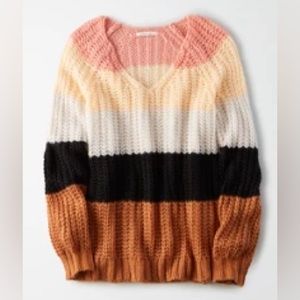 American Eagle Striped V-Neck Oversized Sweater